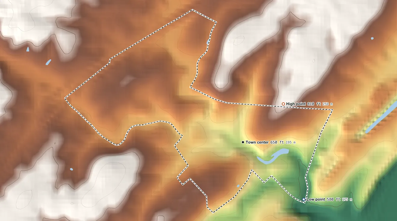 Topographic elevation map of Fishers Hill, Virginia, shaded from 580 ft on the southeast side to 810 ft on the northeast side
