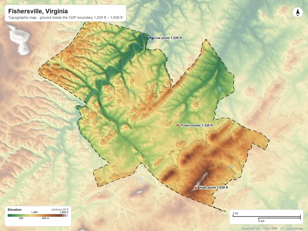Topographic elevation map of Fishersville, Virginia, shaded from 1,220 ft on the north side to 1,630 ft on Hickory Hill