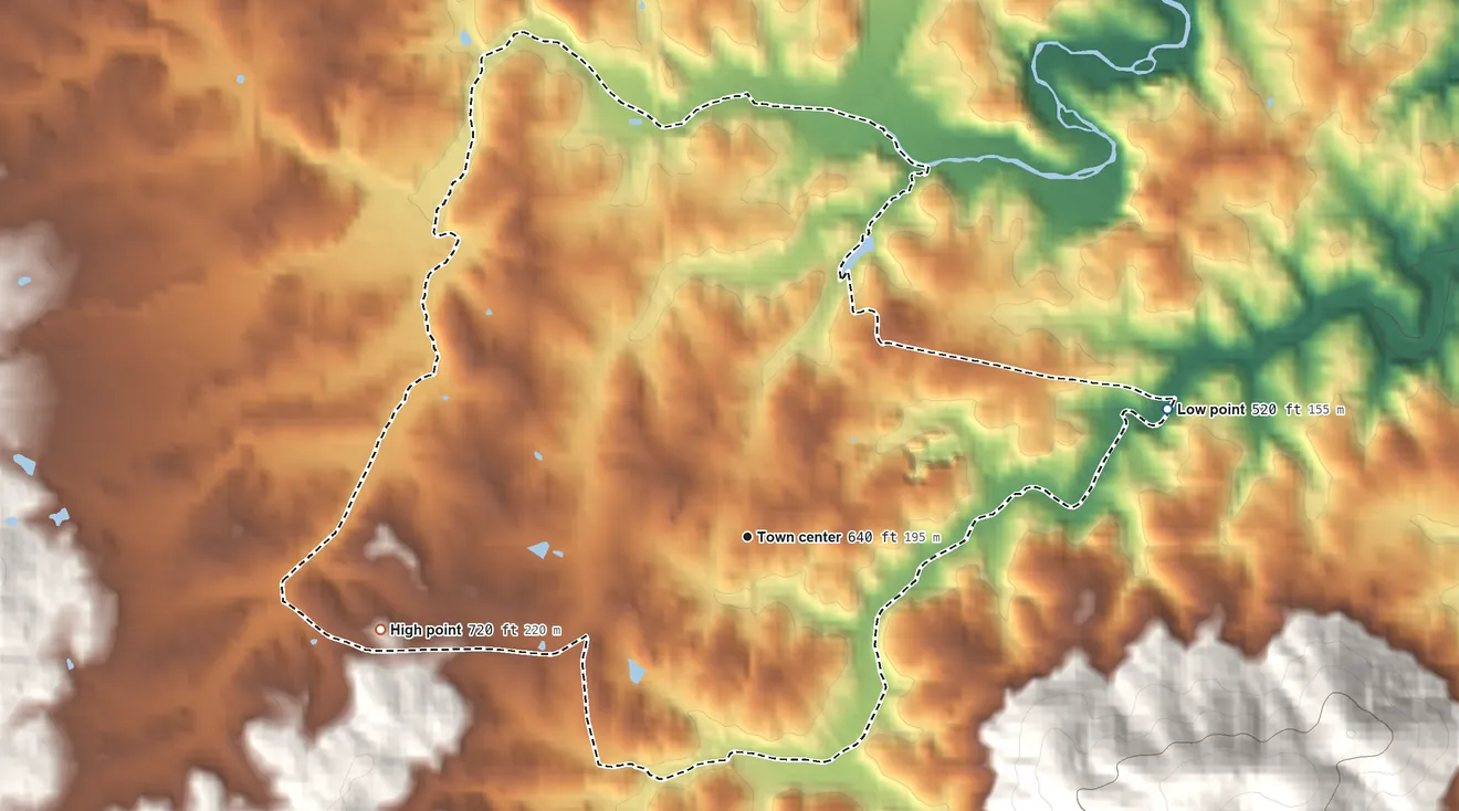 Topographic elevation map of Flint Hill, Virginia, shaded from 520 ft on the east side to 720 ft at the foot of the Watery Mountains