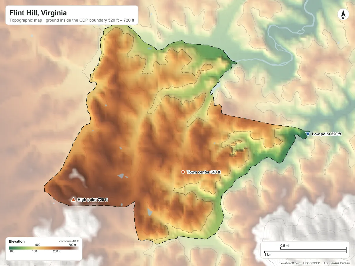 Topographic elevation map of Flint Hill, Virginia, shaded from 520 ft on the east side to 720 ft at the foot of the Watery Mountains