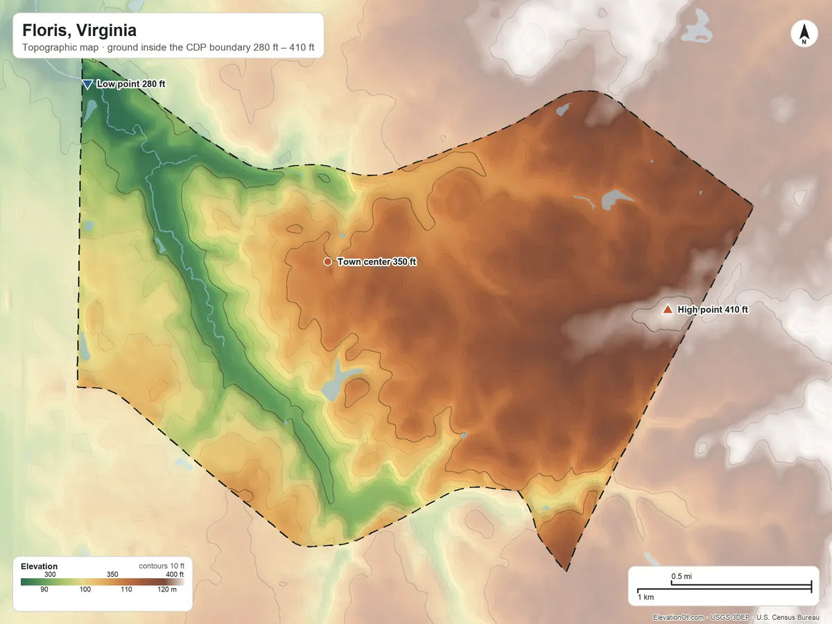 Topographic elevation map of Floris, Virginia, shaded from 280 ft on the northwest side to 410 ft on the east side