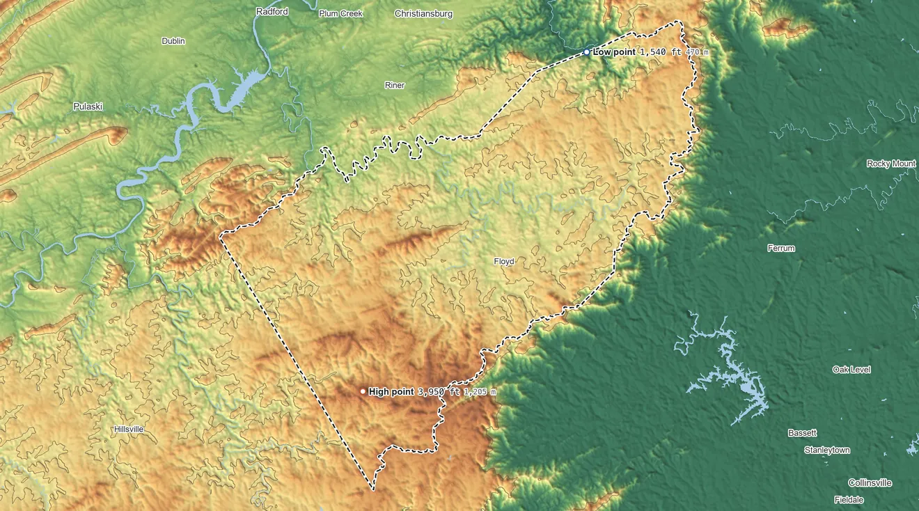 Topographic elevation map of Floyd County, Virginia, shaded from 1,540 ft on the northeast side to 3,950 ft on Buffalo Mountain
