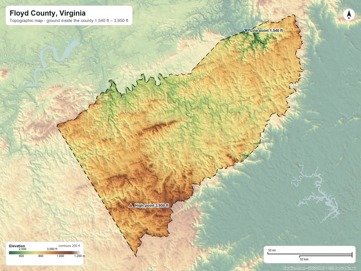 Topographic elevation map of Floyd County, Virginia, shaded from 1,540 ft on the northeast side to 3,950 ft on Buffalo Mountain