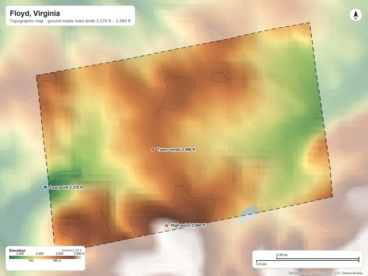 Topographic elevation map of Floyd, Virginia, shaded from 2,370 ft on the west side to 2,560 ft on the south side