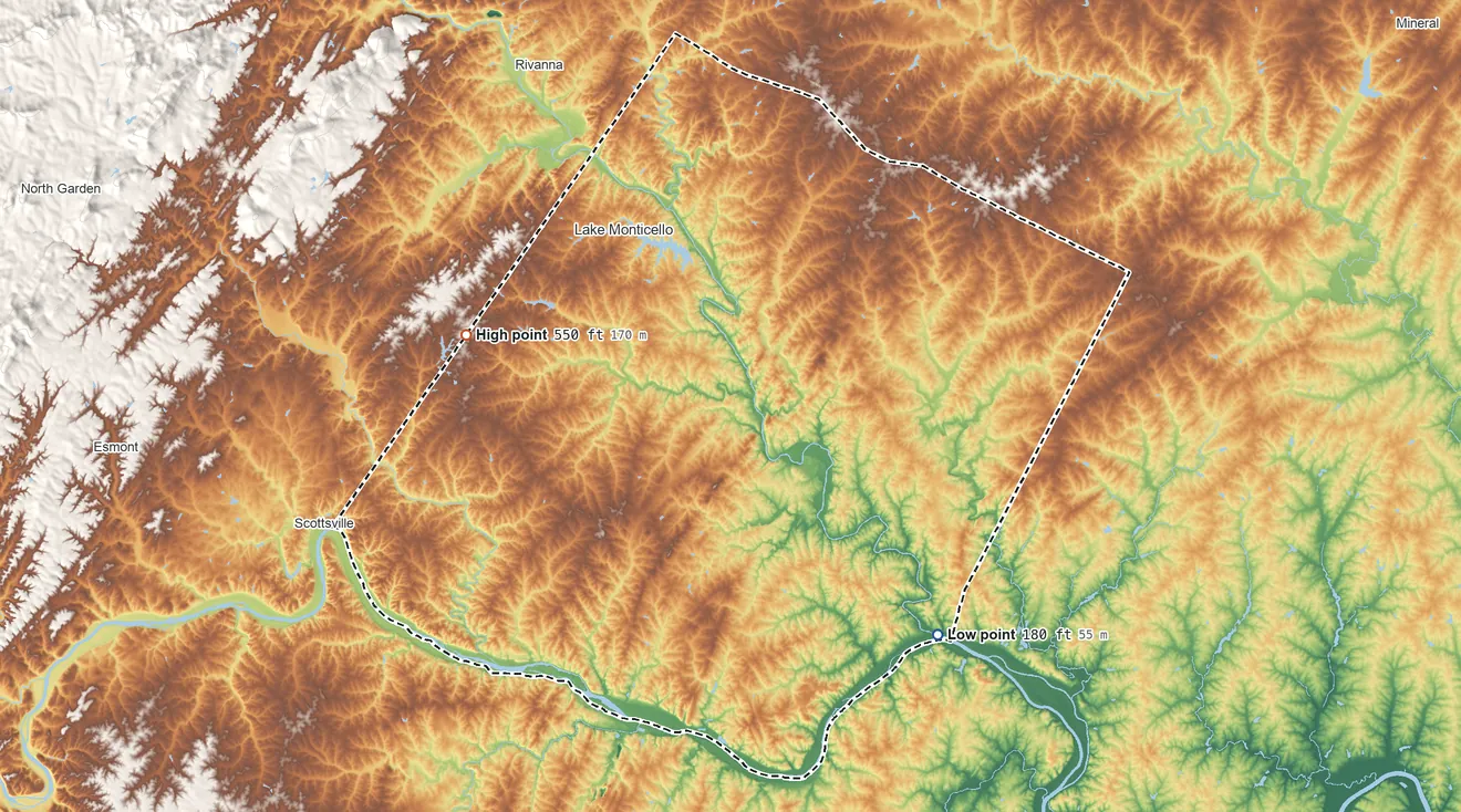 Topographic elevation map of Fluvanna County, Virginia, shaded from 180 ft on the southeast side to 550 ft on the west side