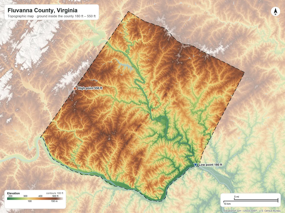 Topographic elevation map of Fluvanna County, Virginia, shaded from 180 ft on the southeast side to 550 ft on the west side