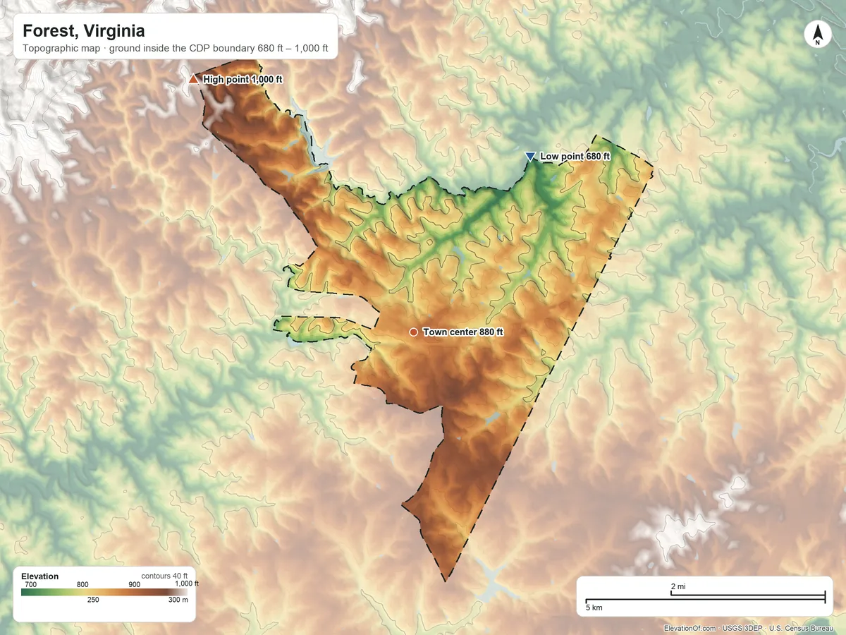 Topographic elevation map of Forest, Virginia, shaded from 680 ft on the northeast side to 1,000 ft on the northwest edge, below higher ground just outside