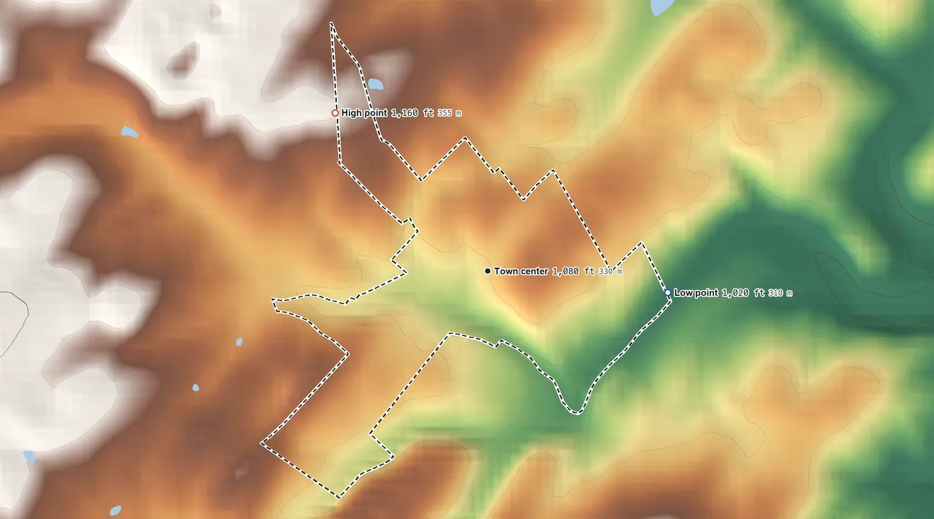 Topographic elevation map of Forestville, Virginia, shaded from 1,020 ft on the east side to 1,160 ft at the foot of the Massanutten Mountain