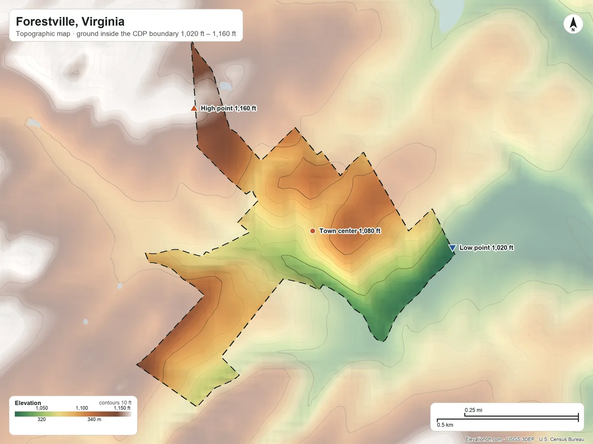Topographic elevation map of Forestville, Virginia, shaded from 1,020 ft on the east side to 1,160 ft at the foot of the Massanutten Mountain