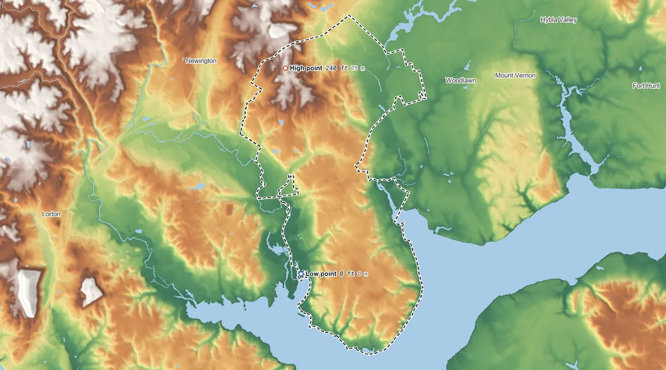 Topographic elevation map of Fort Belvoir, Virginia, shaded from sea level level on Accotink Bay to 240 ft on the northwest side