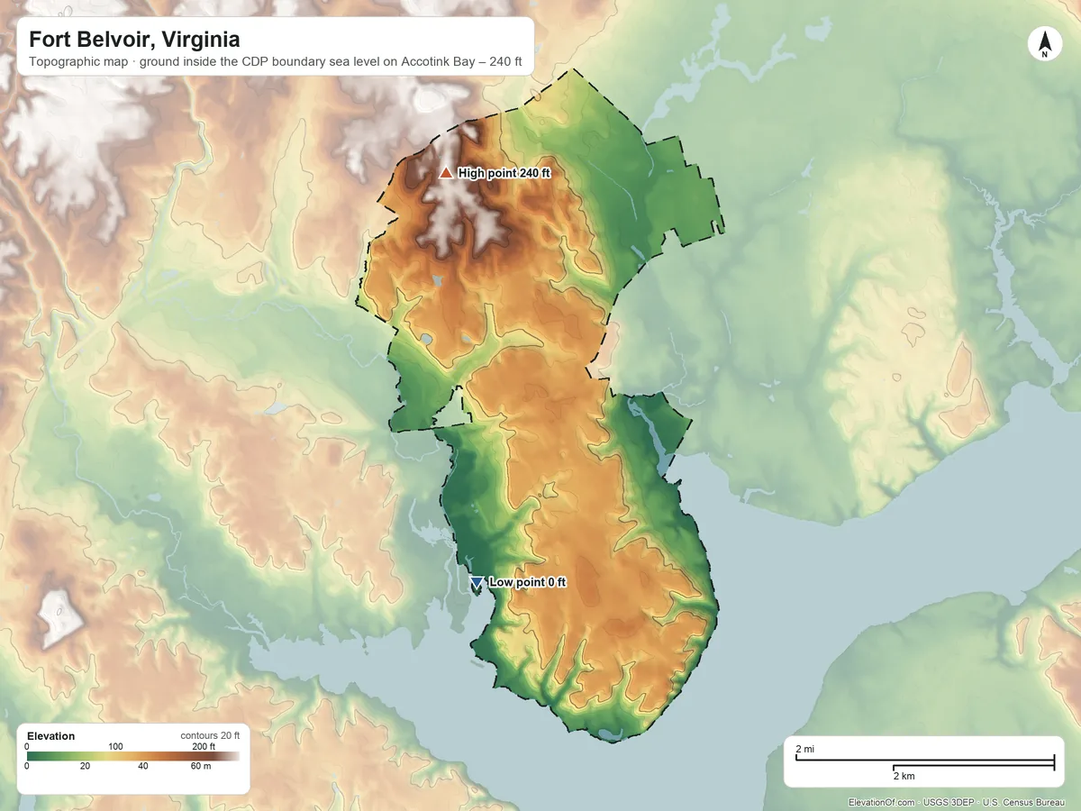 Topographic elevation map of Fort Belvoir, Virginia, shaded from sea level level on Accotink Bay to 240 ft on the northwest side