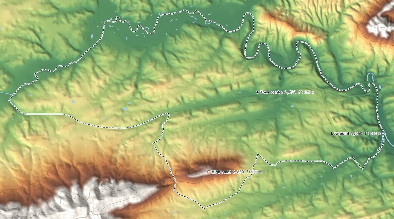 Topographic elevation map of Fort Chiswell, Virginia, shaded from 1,960 ft on the east side to 2,830 ft on the southwest edge, below higher ground just outside