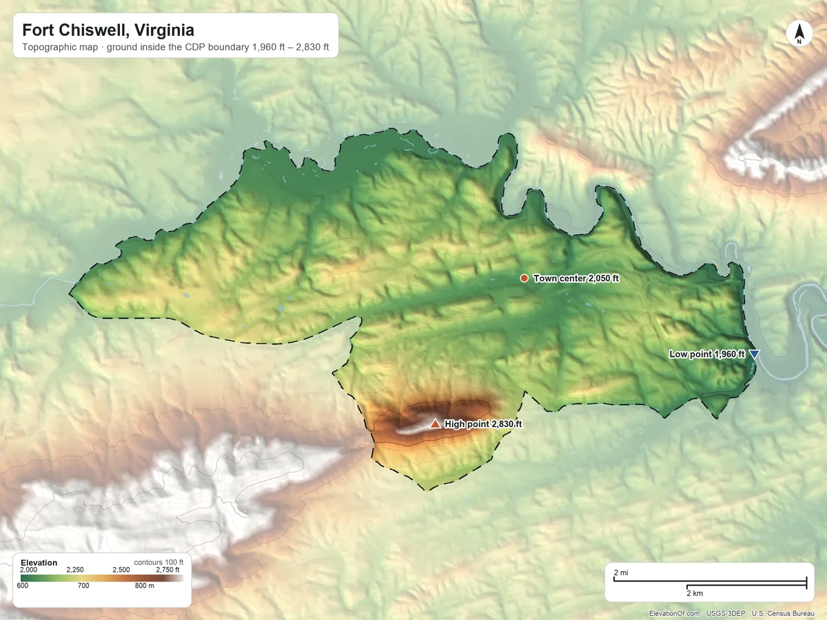 Topographic elevation map of Fort Chiswell, Virginia, shaded from 1,960 ft on the east side to 2,830 ft on the southwest edge, below higher ground just outside