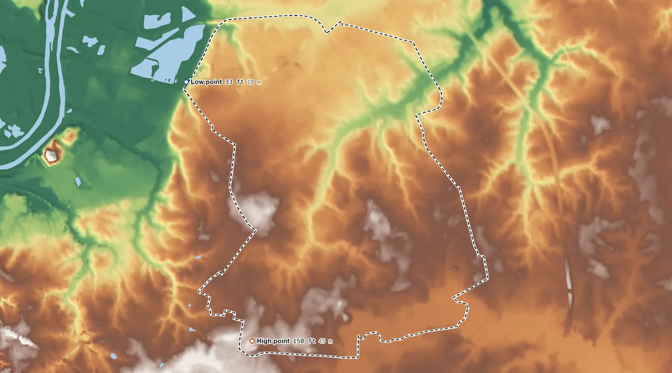 Topographic elevation map of Fort Gregg-Adams, Virginia, shaded from 33 ft on the west side to 150 ft on the south side