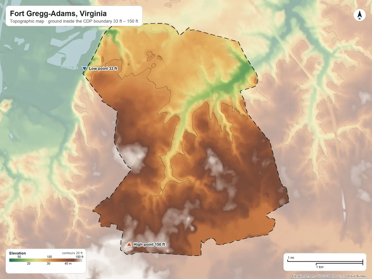 Topographic elevation map of Fort Gregg-Adams, Virginia, shaded from 33 ft on the west side to 150 ft on the south side