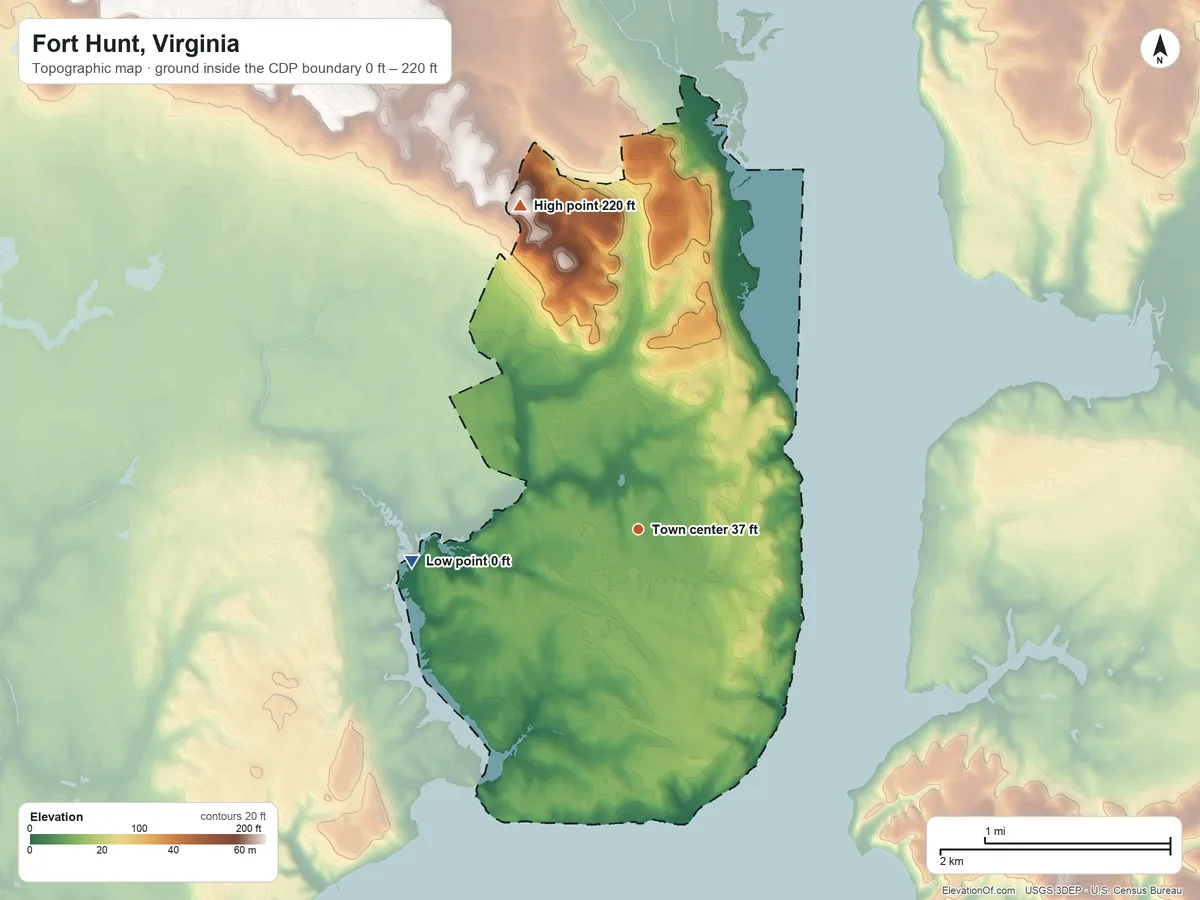 Topographic elevation map of Fort Hunt, Virginia, shaded from 0 ft on the west side to 220 ft on the north side