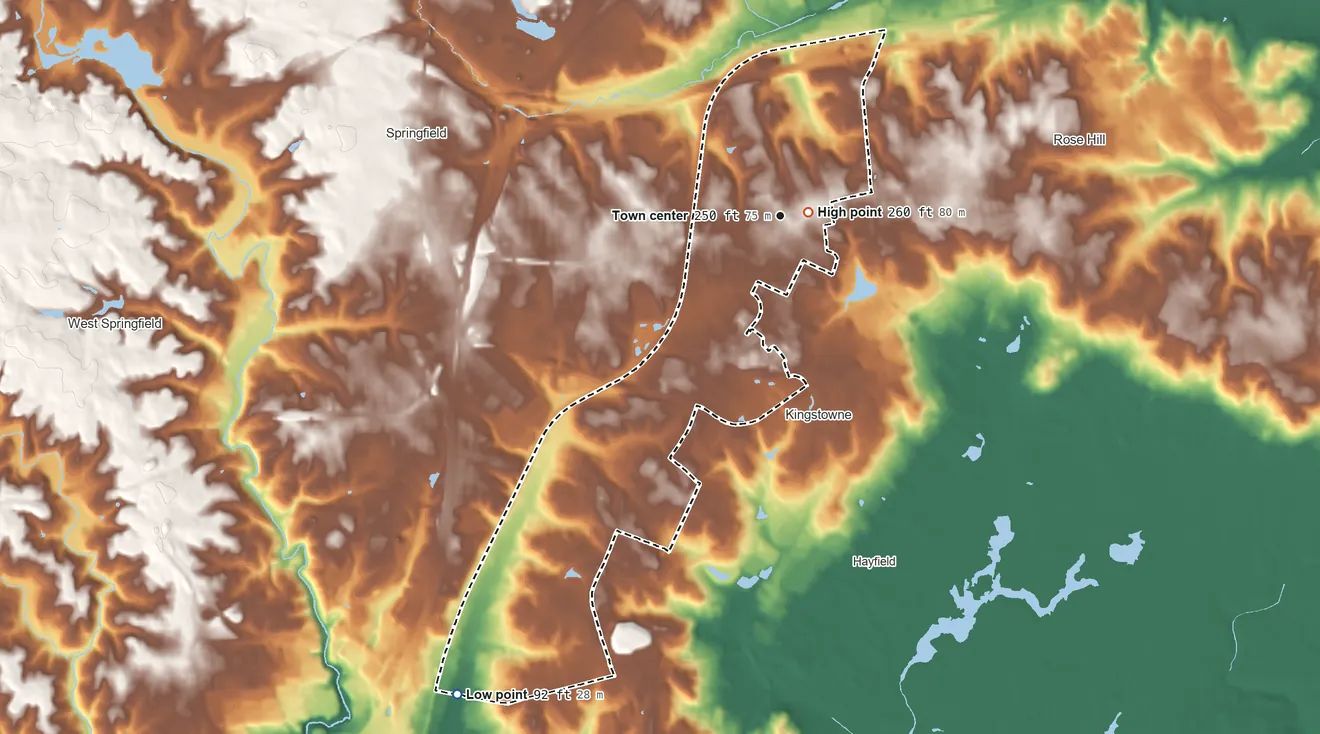 Topographic elevation map of Franconia, Virginia, shaded from 92 ft on the southwest side to 260 ft near the middle