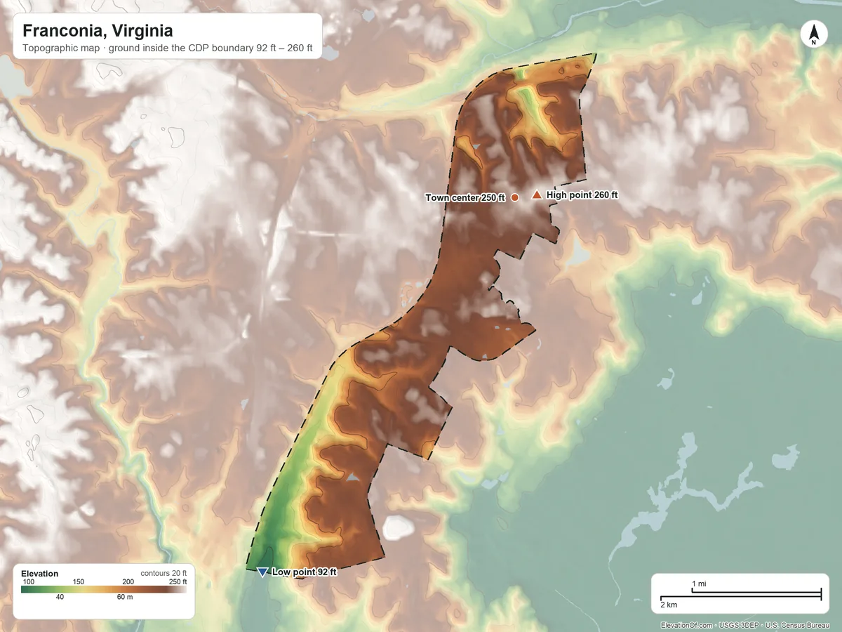 Topographic elevation map of Franconia, Virginia, shaded from 92 ft on the southwest side to 260 ft near the middle