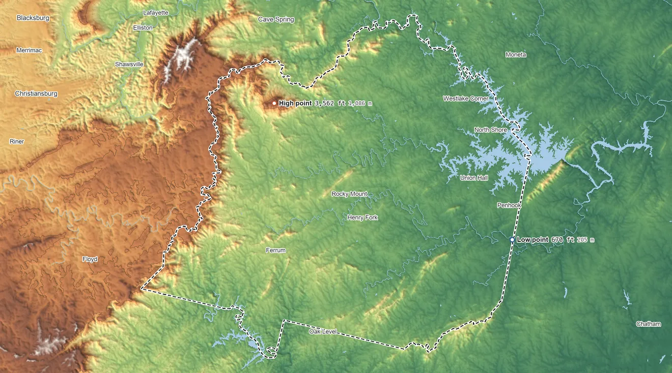 Topographic elevation map of Franklin County, Virginia, shaded from 670 ft on the east side to 3,562 ft on Cahas Mountain