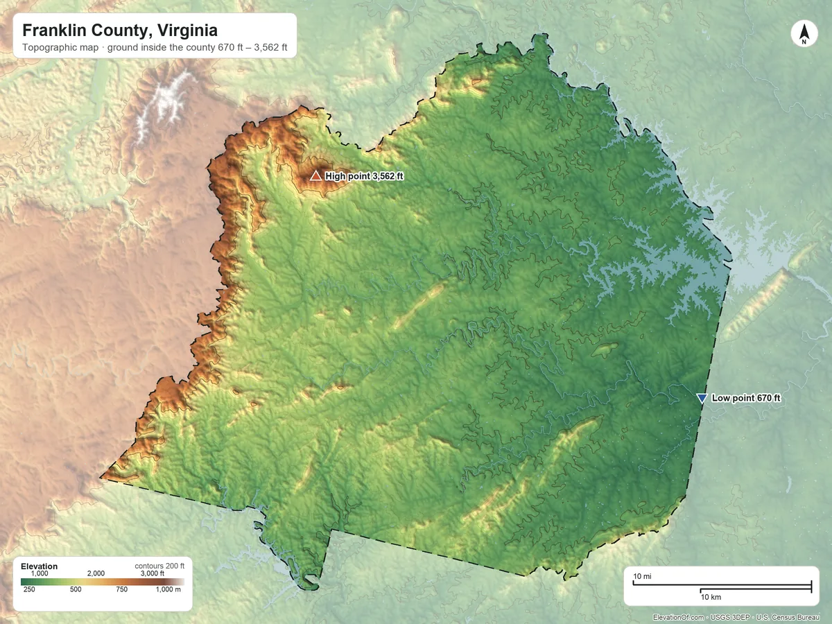 Topographic elevation map of Franklin County, Virginia, shaded from 670 ft on the east side to 3,562 ft on Cahas Mountain