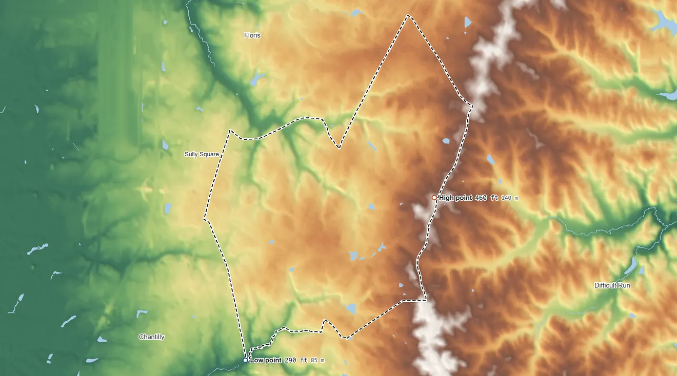 Topographic elevation map of Franklin Farm, Virginia, shaded from 290 ft on the southwest side to 460 ft on the east side