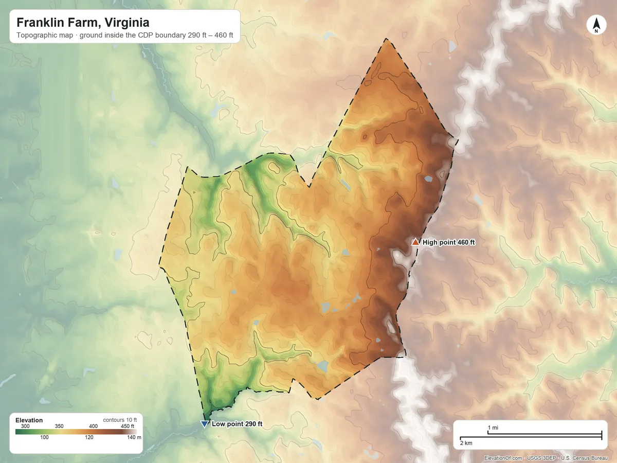 Topographic elevation map of Franklin Farm, Virginia, shaded from 290 ft on the southwest side to 460 ft on the east side