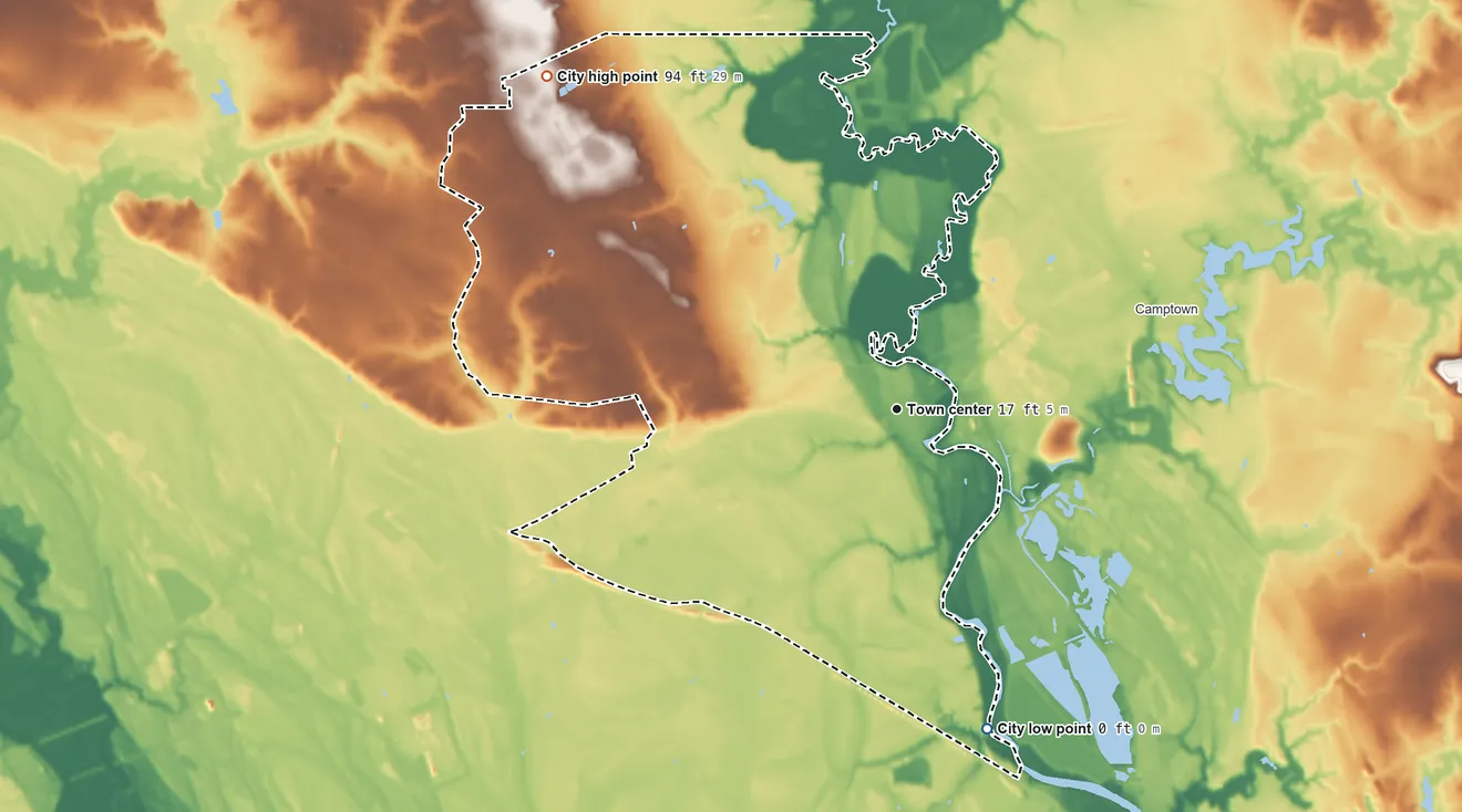 Topographic elevation map of Franklin, Virginia, shaded from 0 ft on the south side to 94 ft on the northwest side