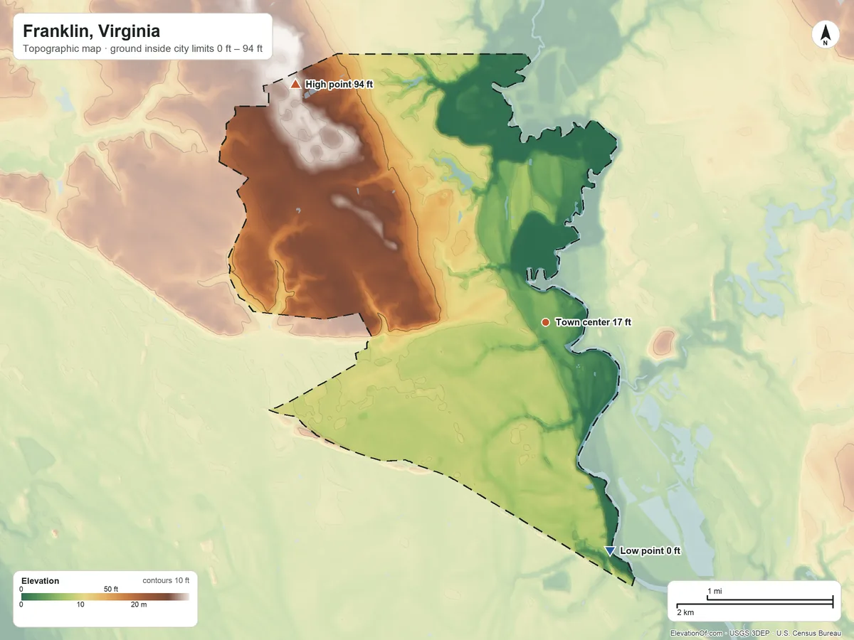 Topographic elevation map of Franklin, Virginia, shaded from 0 ft on the south side to 94 ft on the northwest side