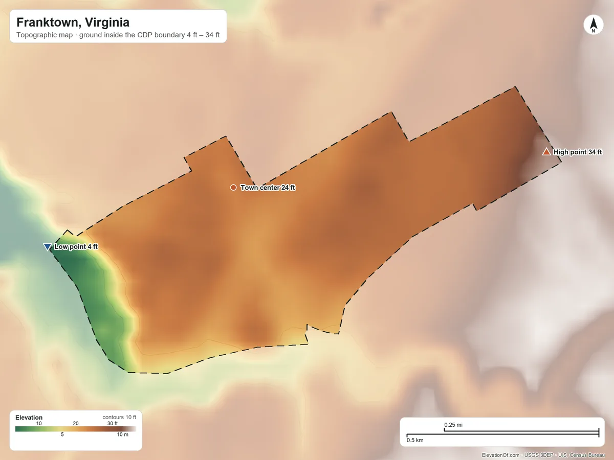 Topographic elevation map of Franktown, Virginia, shaded from 4 ft on the west side to 34 ft on the east side