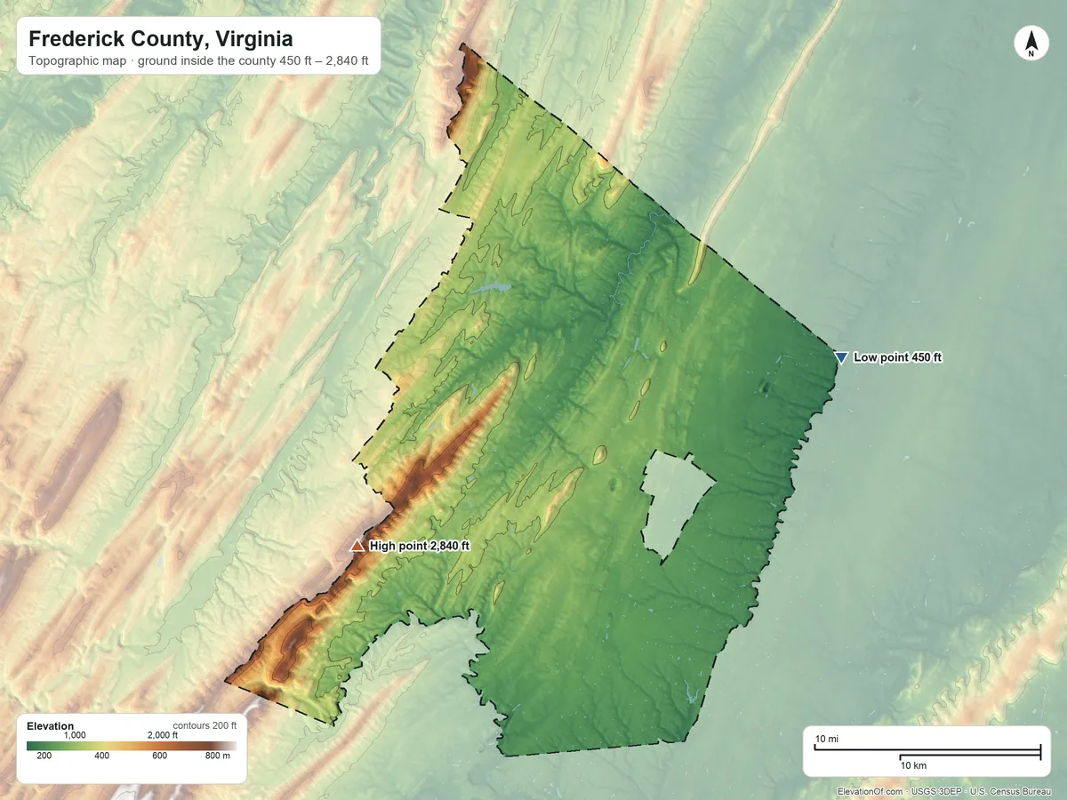 Topographic elevation map of Frederick County, Virginia, shaded from 450 ft on the east side to 2,840 ft on Pinnacle