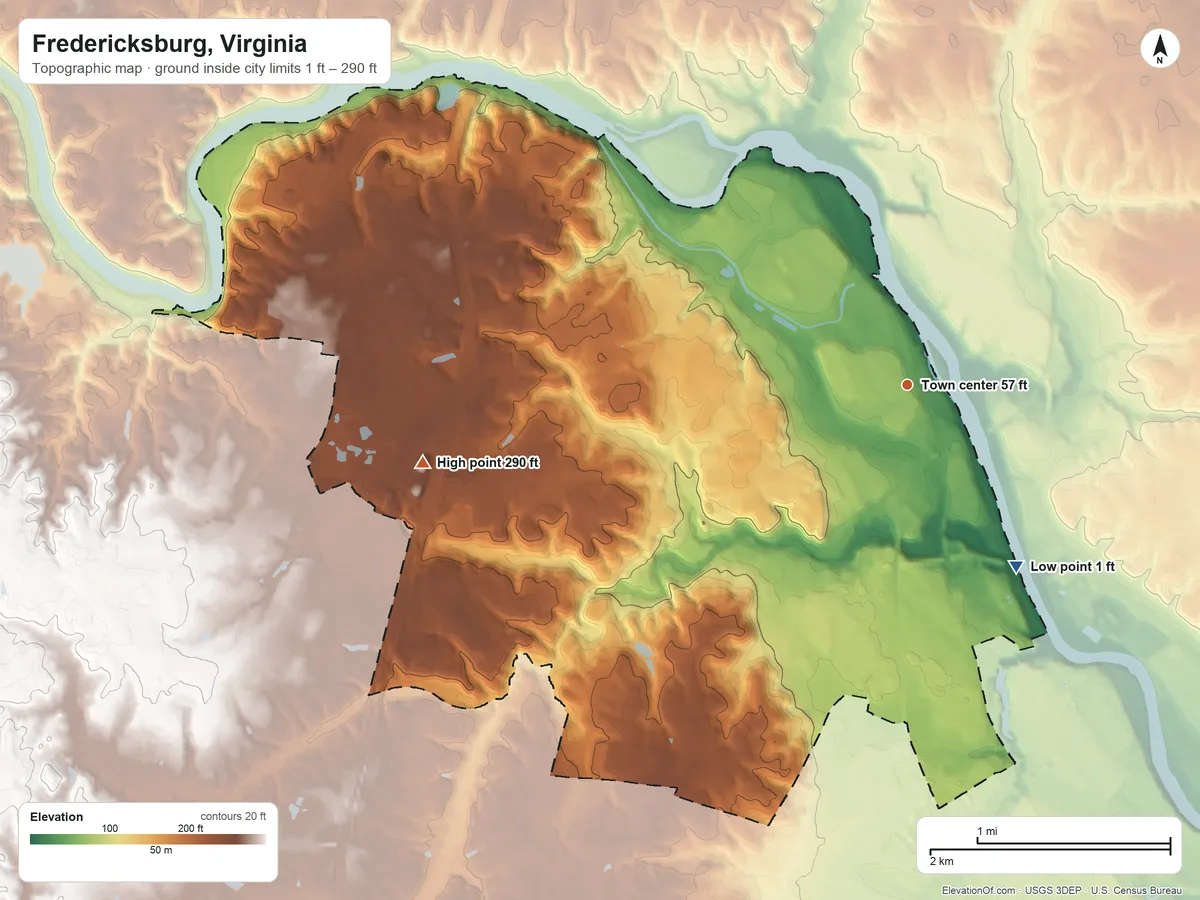 Topographic elevation map of Fredericksburg, Virginia, shaded from 1 ft on the southeast side to 290 ft on the west side