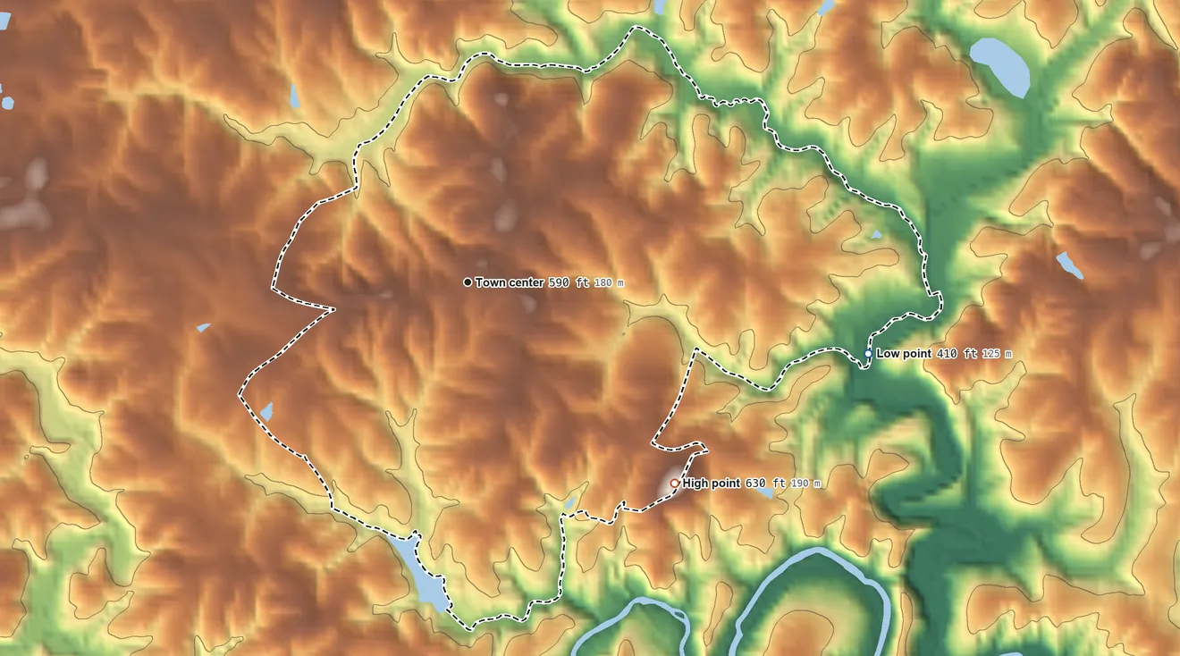 Topographic elevation map of Free Union, Virginia, shaded from 410 ft on the east side to 630 ft on the southeast side