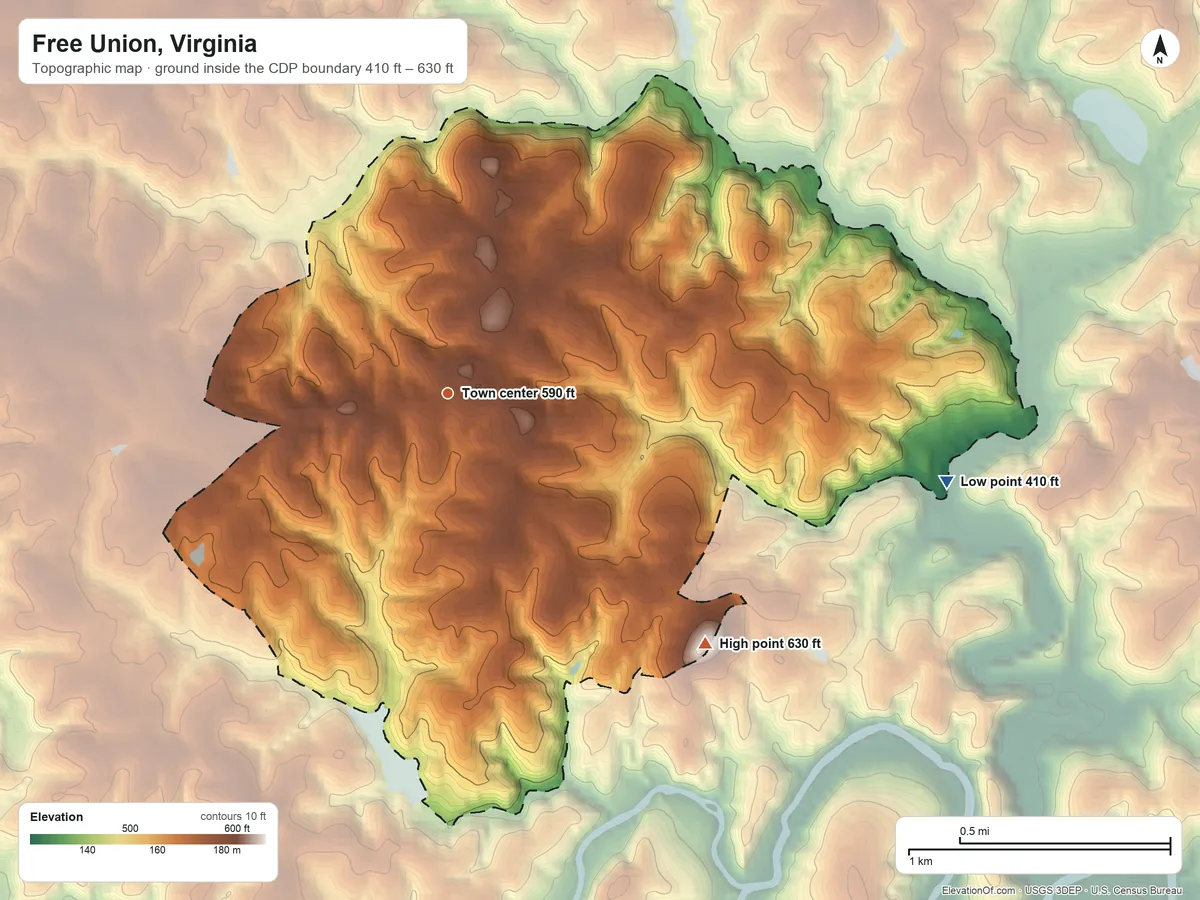 Topographic elevation map of Free Union, Virginia, shaded from 410 ft on the east side to 630 ft on the southeast side