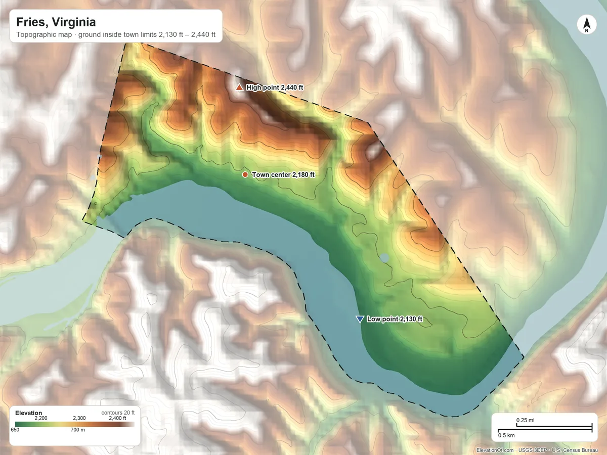Topographic elevation map of Fries, Virginia, shaded from 2,130 ft on the southeast side to 2,440 ft on the north side