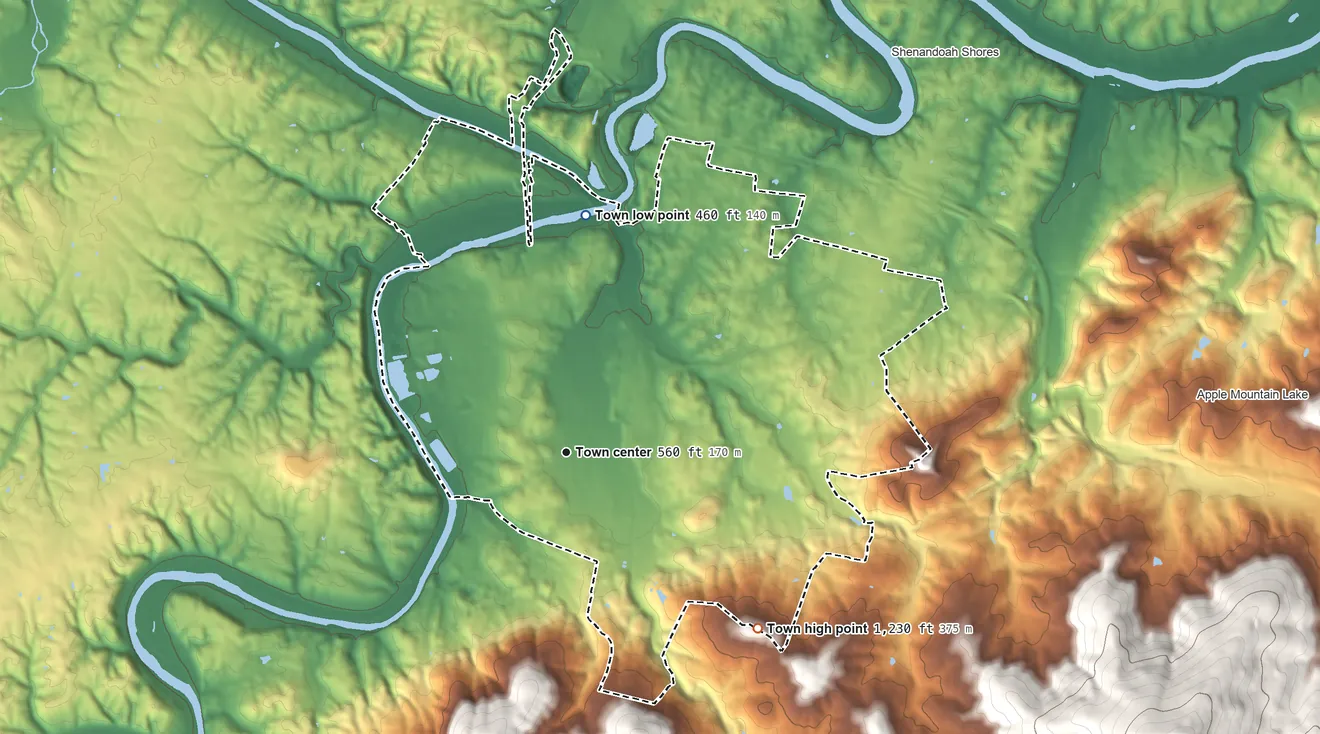 Topographic elevation map of Front Royal, Virginia, shaded from 460 ft on the north side to 1,230 ft on the southeast edge, below higher ground just outside