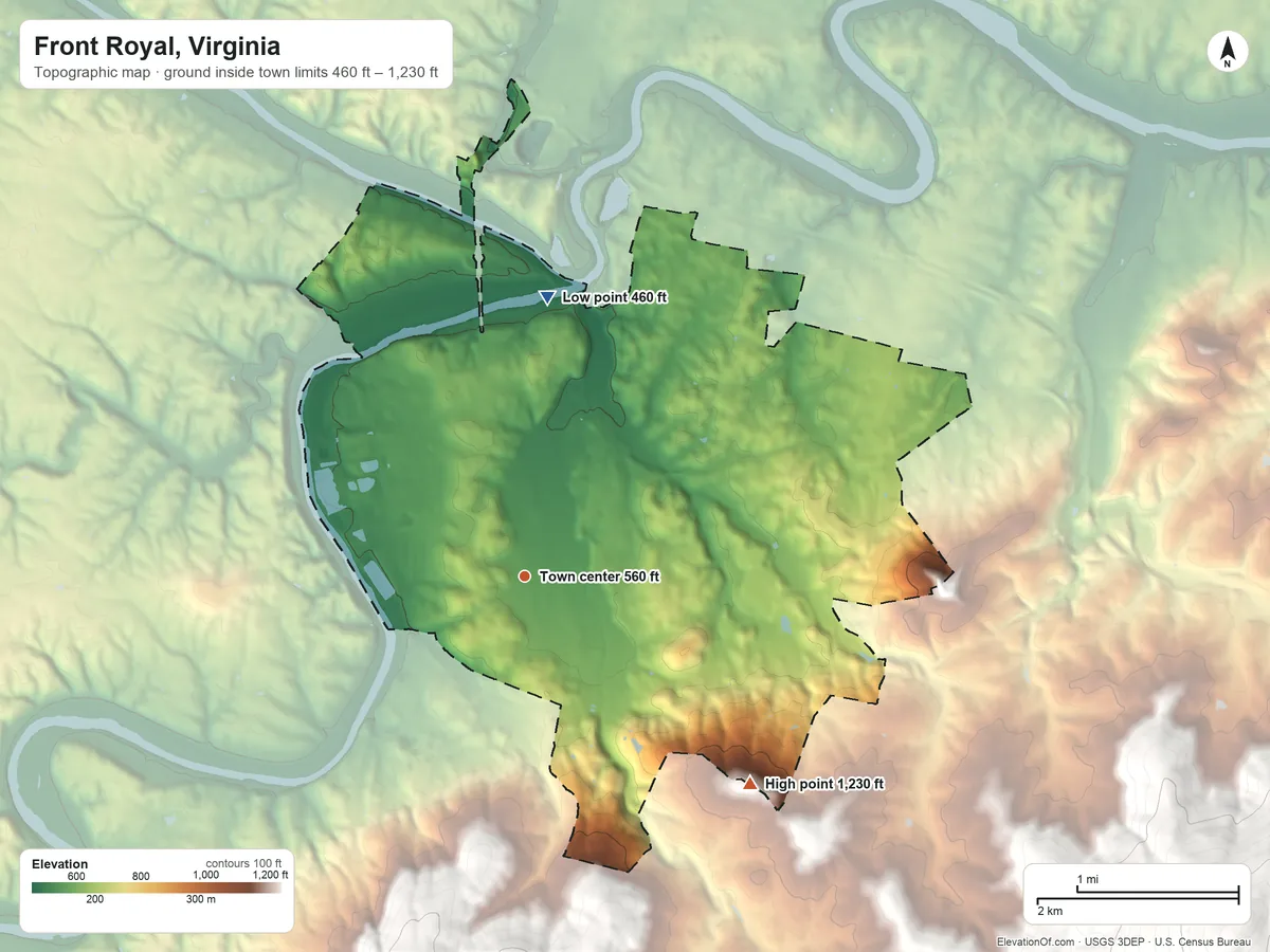 Topographic elevation map of Front Royal, Virginia, shaded from 460 ft on the north side to 1,230 ft on the southeast edge, below higher ground just outside