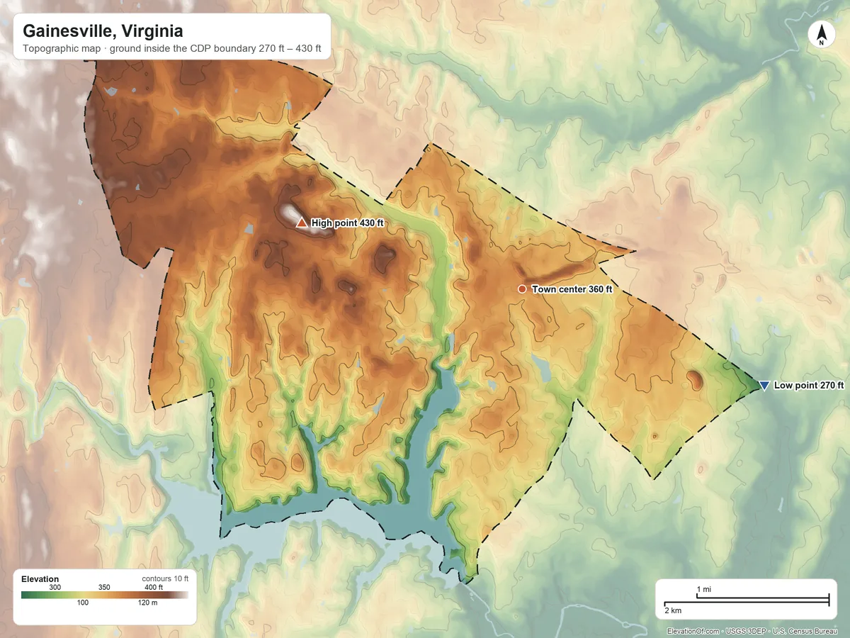Topographic elevation map of Gainesville, Virginia, shaded from 270 ft on the east side to 430 ft on the west side