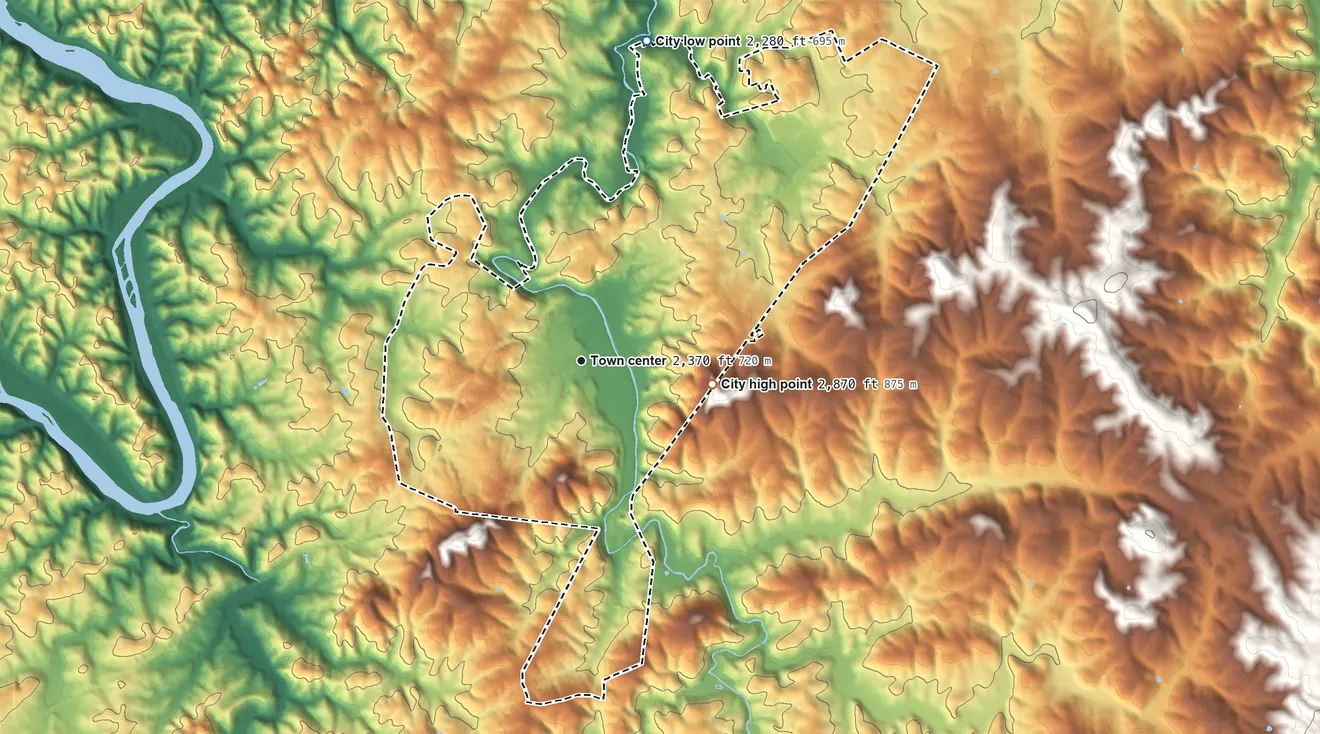 Topographic elevation map of Galax, Virginia, shaded from 2,280 ft on the north side to 2,870 ft on the east edge, below higher ground just outside