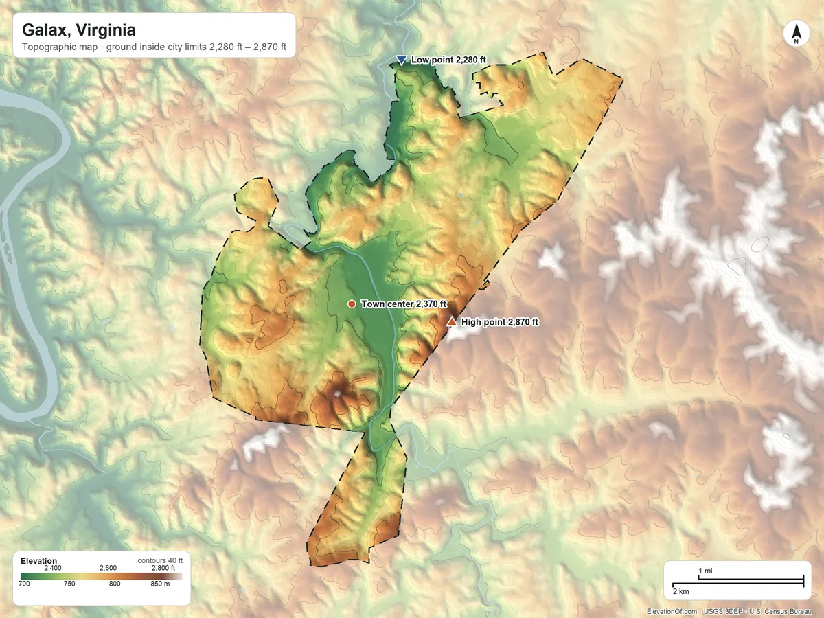 Topographic elevation map of Galax, Virginia, shaded from 2,280 ft on the north side to 2,870 ft on the east edge, below higher ground just outside