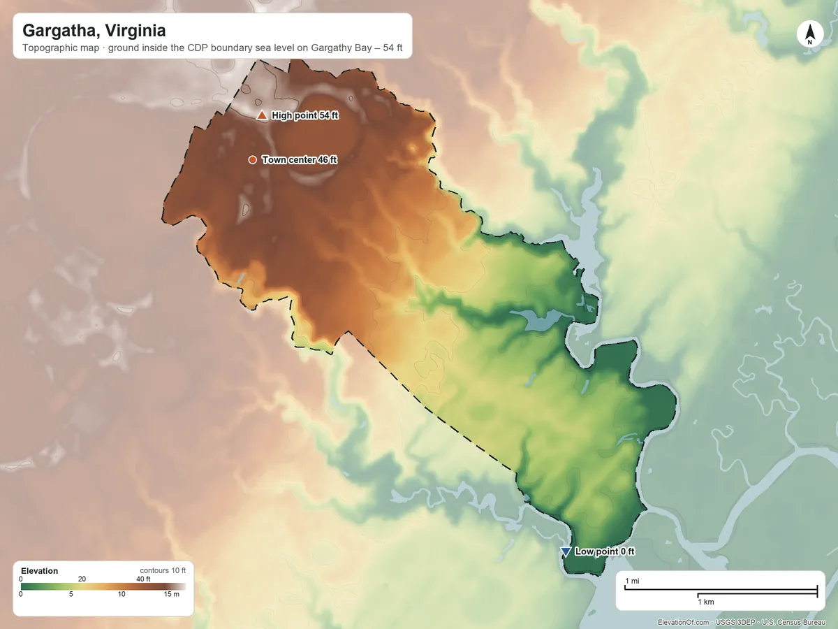 Topographic elevation map of Gargatha, Virginia, shaded from sea level level on Gargathy Bay to 54 ft near the middle