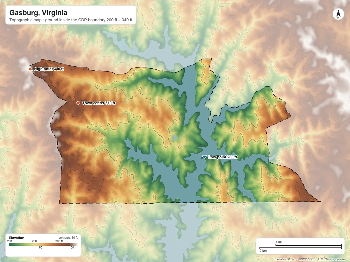 Topographic elevation map of Gasburg, Virginia, shaded from 200 ft on the southeast side to 340 ft on the northwest side