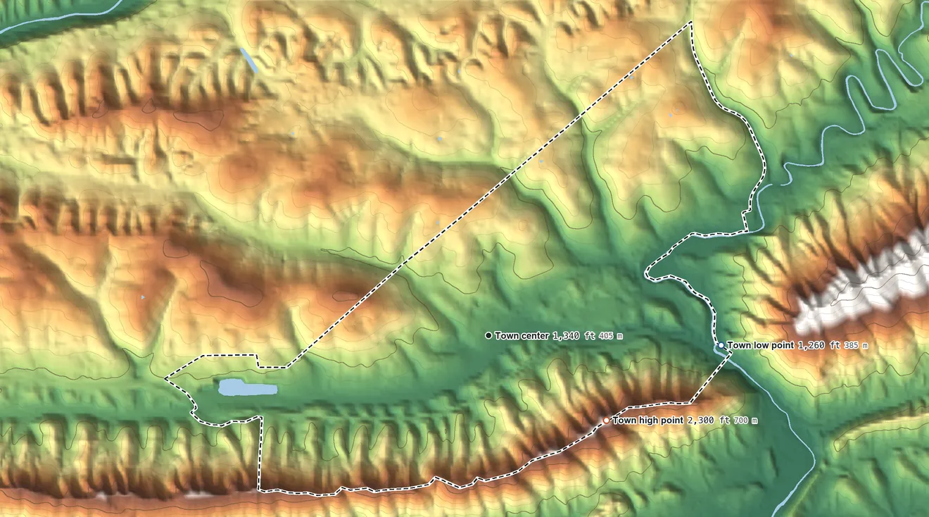 Topographic elevation map of Gate City, Virginia, shaded from 1,260 ft on the east side to 2,300 ft on the southeast side