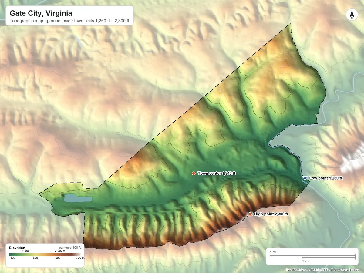 Topographic elevation map of Gate City, Virginia, shaded from 1,260 ft on the east side to 2,300 ft on the southeast side