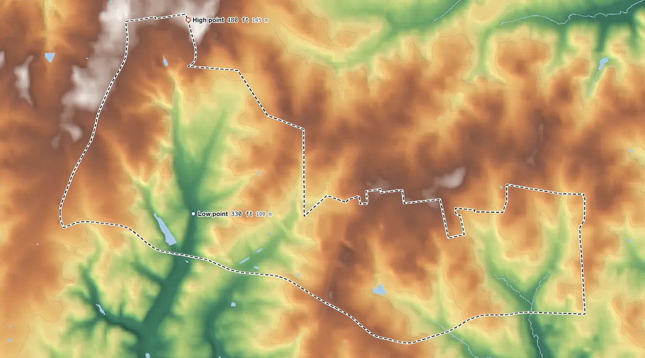 Topographic elevation map of George Mason, Virginia, shaded from 330 ft on the west side to 480 ft on the northwest side