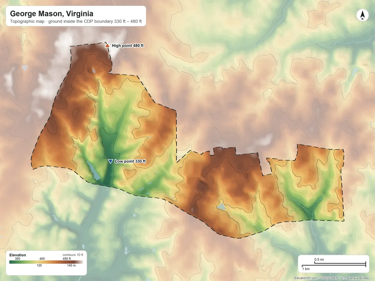 Topographic elevation map of George Mason, Virginia, shaded from 330 ft on the west side to 480 ft on the northwest side