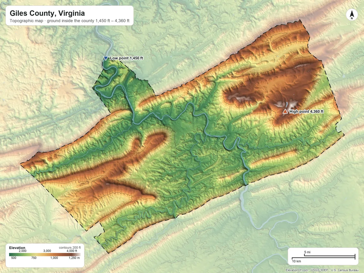 Topographic elevation map of Giles County, Virginia, shaded from 1,450 ft on the northwest side to 4,360 ft on Bald Knob
