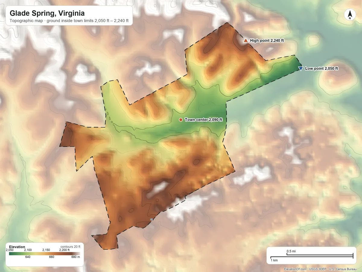 Topographic elevation map of Glade Spring, Virginia, shaded from 2,050 ft on the northeast side to 2,240 ft at the foot of the River Knobs