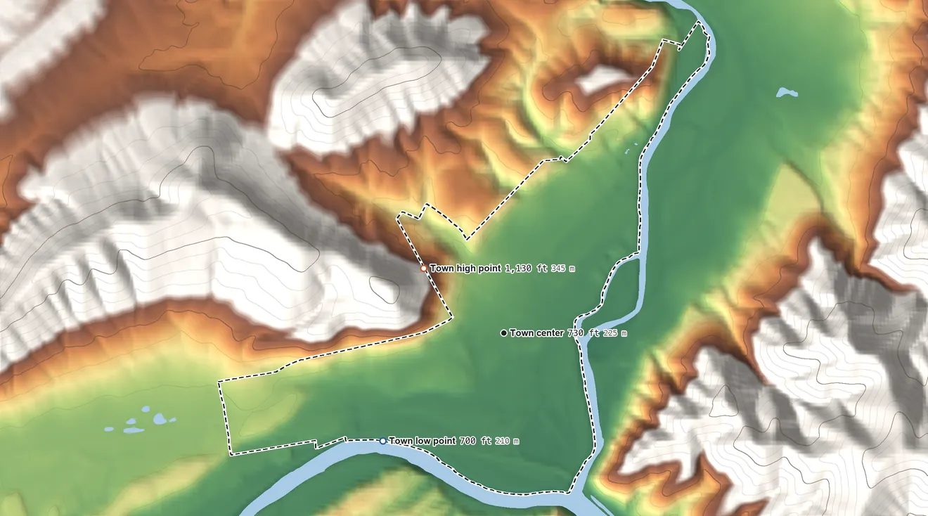 Topographic elevation map of Glasgow, Virginia, shaded from 700 ft on the southwest side to 1,130 ft at the foot of the Short Hills
