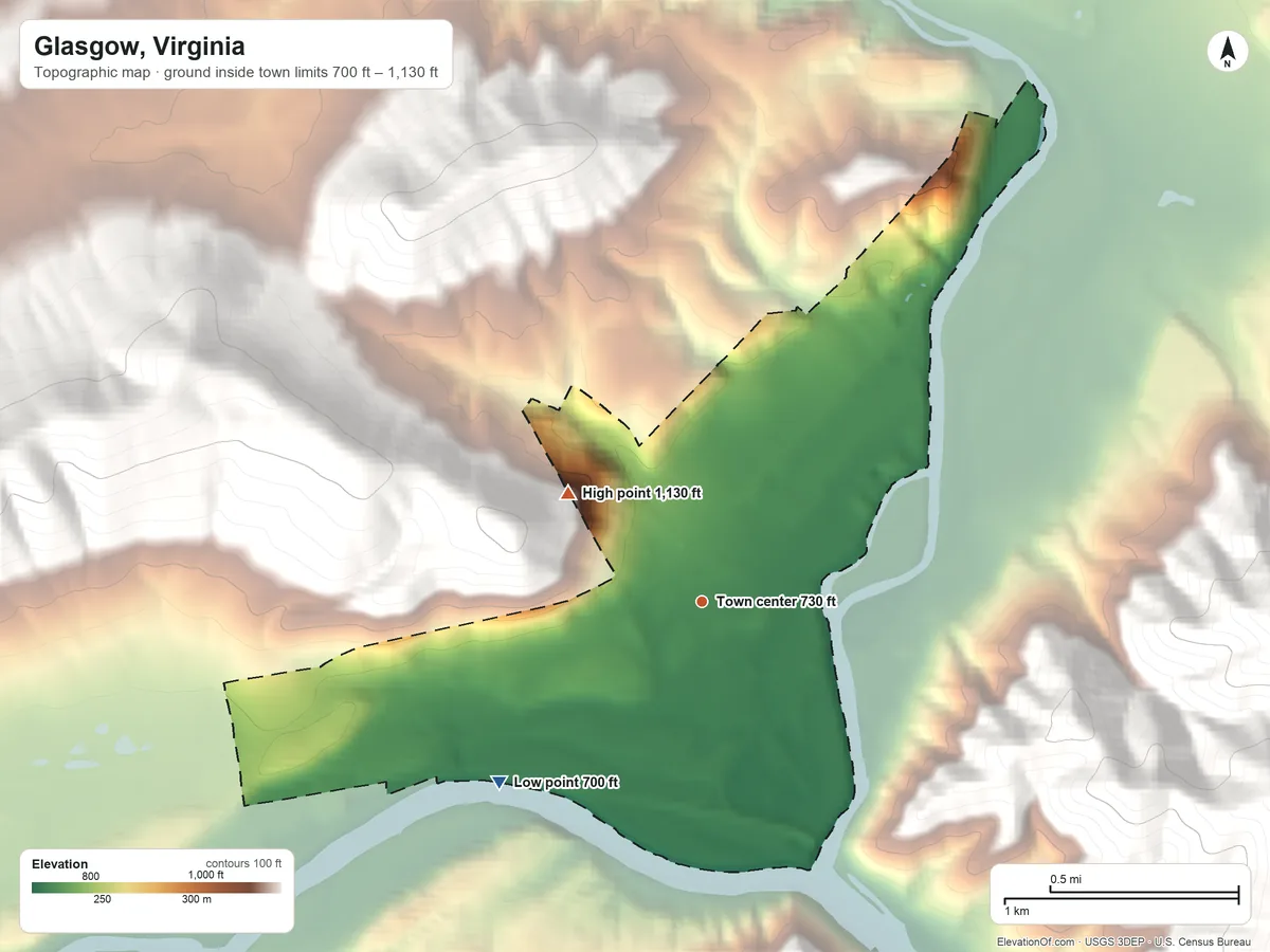 Topographic elevation map of Glasgow, Virginia, shaded from 700 ft on the southwest side to 1,130 ft at the foot of the Short Hills