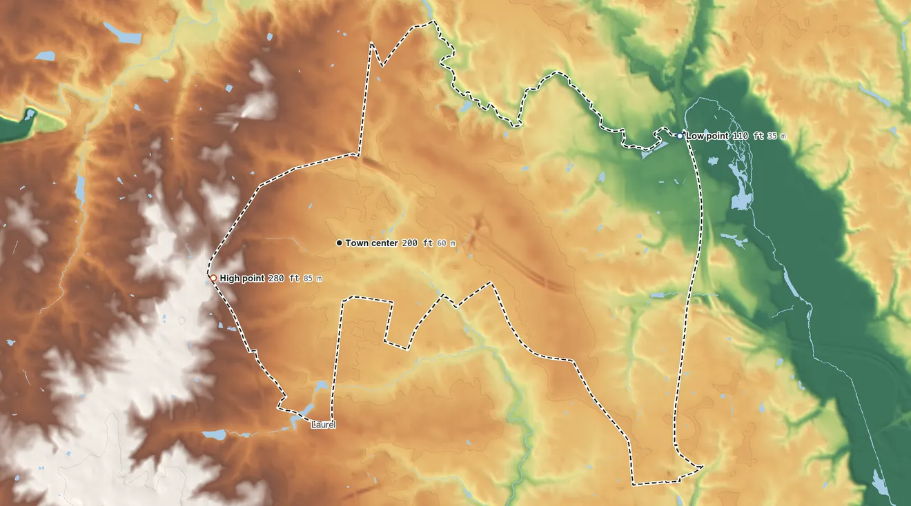 Topographic elevation map of Glen Allen, Virginia, shaded from 110 ft on the east side to 280 ft on the west side